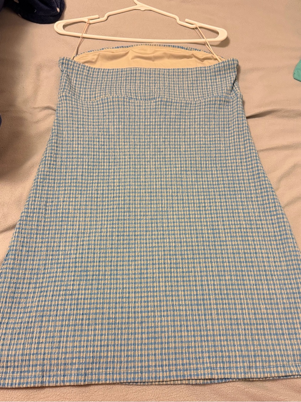 Aritzia Wilfred Blue Gingham Seersucker Strapless Mini Dress XL Summer Coastal - Picture 7 of 7